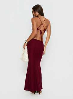 back view of model wearing Princess Polly Delores Ruched Maxi Skirt Red Maxi Skirts 