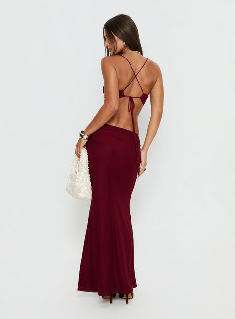 back view of model wearing Princess Polly Delores Ruched Maxi Skirt Red Maxi Skirts 