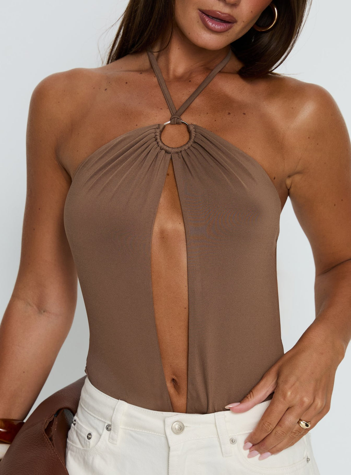 back view of model wearing Princess Polly Damiana Cut Out Bodysuit Brown Sleeveless 