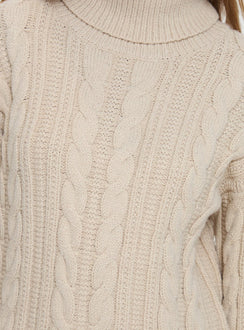 back view of model wearing Princess Polly Bryden Turtleneck Cable Knit Sweater Beige Long 