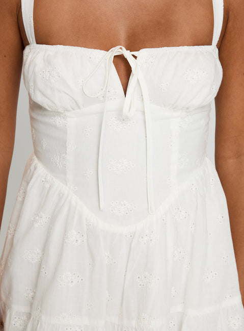 back view of model wearing Princess Polly Anabelita Broderie Mini Dress White Square Neck 