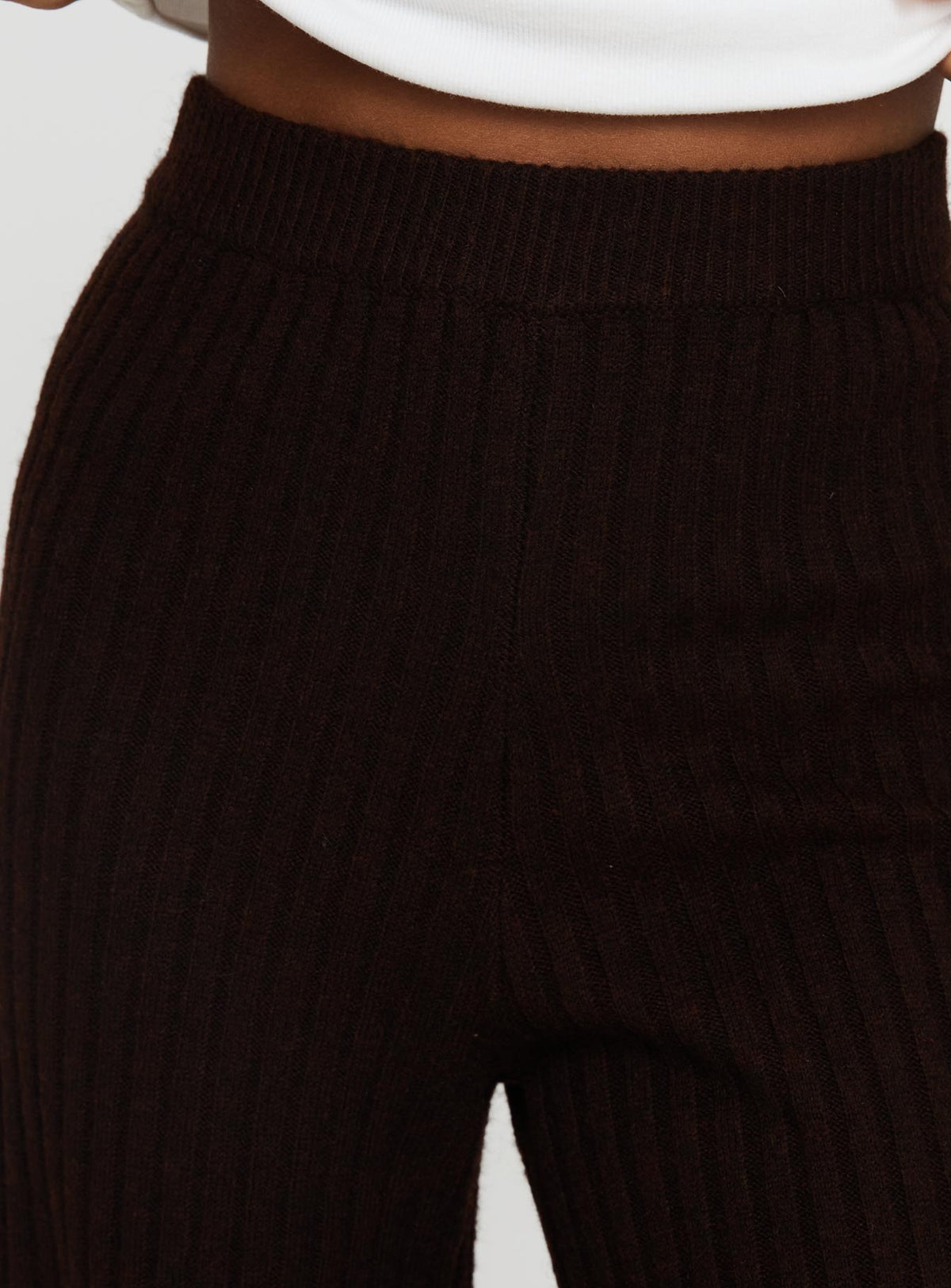back view of model wearing Princess Polly Montana Knit Pants Chocolate Brown High Waisted Pants 