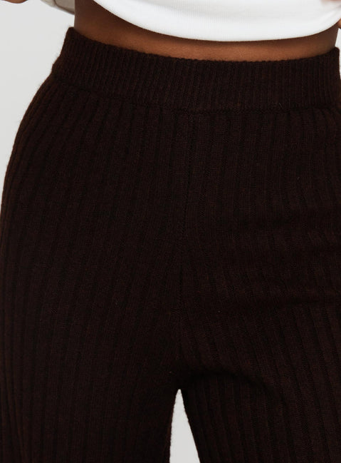 back view of model wearing Princess Polly Montana Knit Pants Chocolate Brown High Waisted Pants 