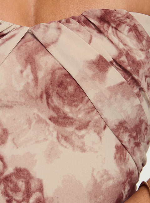 side view of model wearing Princess Polly Irena Strapless Mini Dress Rose Floral Petite Sweetheart Neckline 