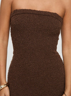 back view of model wearing Princess Polly Cloud Strapless Boucle Maxi Dress Chocolate Straight Neck 