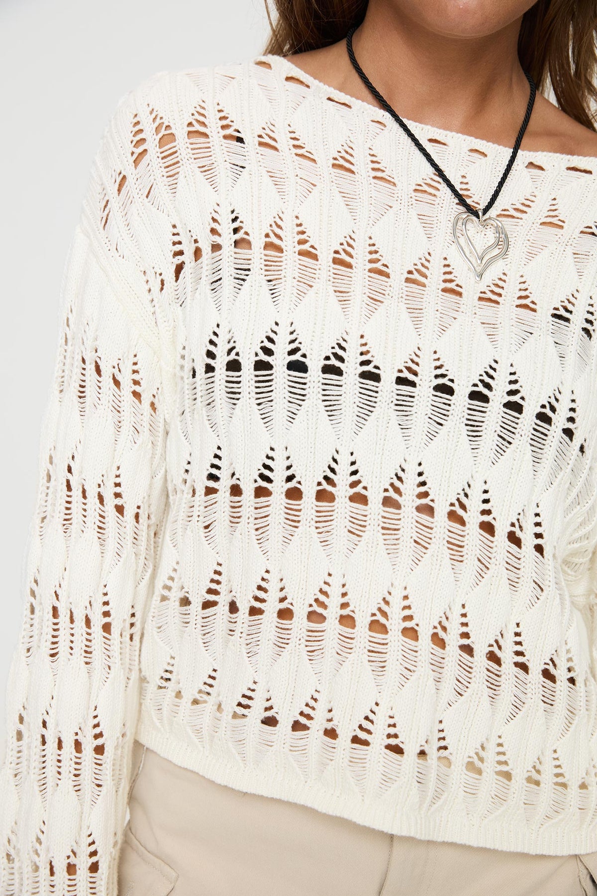 front view of model wearing Princess Polly Mistic Knit Sweater Cream Cropped 