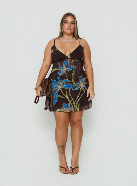 Isakaia Beaded Mini Dress Brown Floral Curve