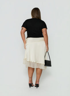 Explore the Rosemead Satin Midi Skirt Cream Curve in womens-skirts with midi length back view of model wearing