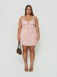 Dewdrops Chiffon Frill Mini Dress Pink Floral Curve