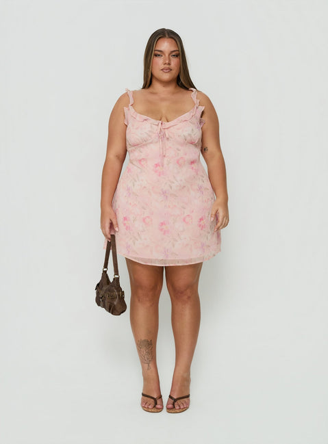 Dewdrops Chiffon Frill Mini Dress Pink Floral Curve
