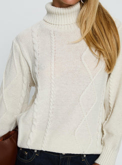 back view of model wearing Princess Polly Tarynne Cable Knit Turtle Neck Sweater Beige Long 