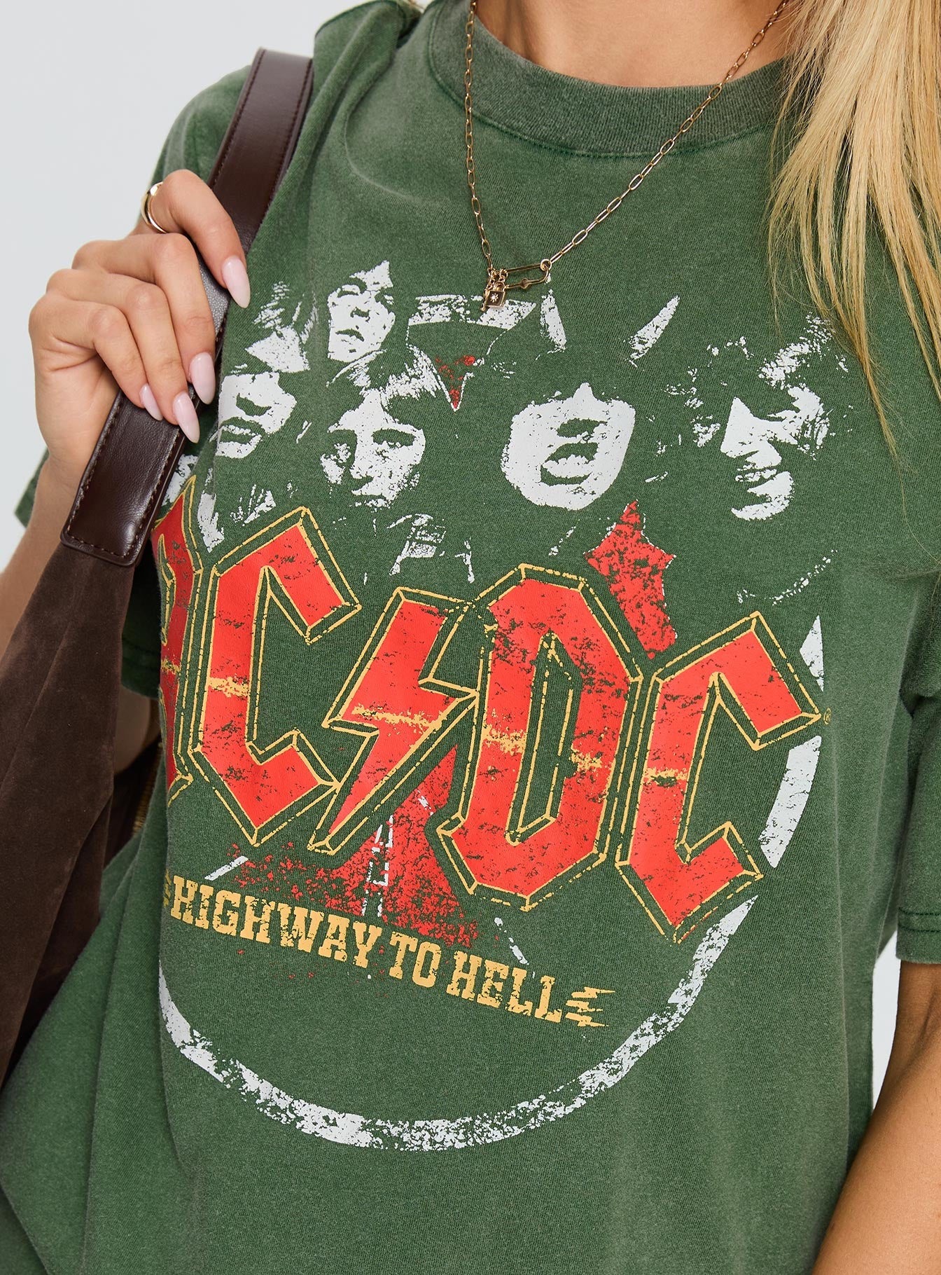 back view of model wearing Princess Polly Acdc Vintage Oversized Graphic Top Green Half Sleeves Crew Neck 