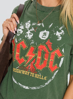 back view of model wearing Princess Polly Acdc Vintage Oversized Graphic Top Green Half Sleeves Crew Neck 