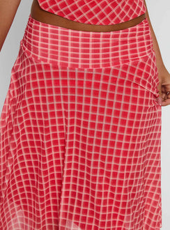 back view of model wearing Princess Polly Scenic Route Asymmetrical Midi Skirt Red Check Midi Skirts 