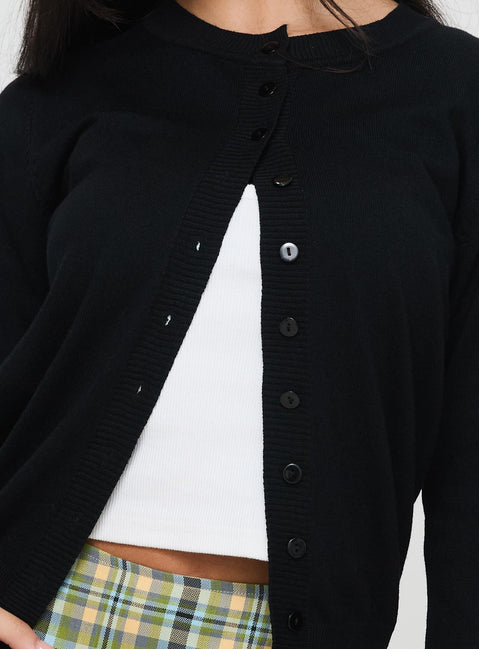 front view of model wearing Princess Polly Capeside Knit Cardigan Black Cropped 