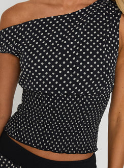 back view of model wearing Princess Polly Ready To Party Off Shoulder Top Black Polka Sleeveless Asymmetric Neckline 