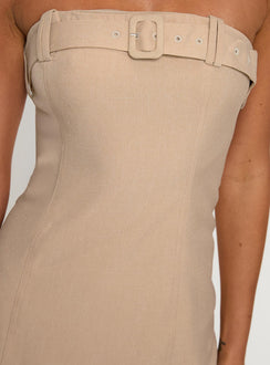 front view of model wearing Princess Polly Sesamie Belted Mini Dress Beige Straight Neck 