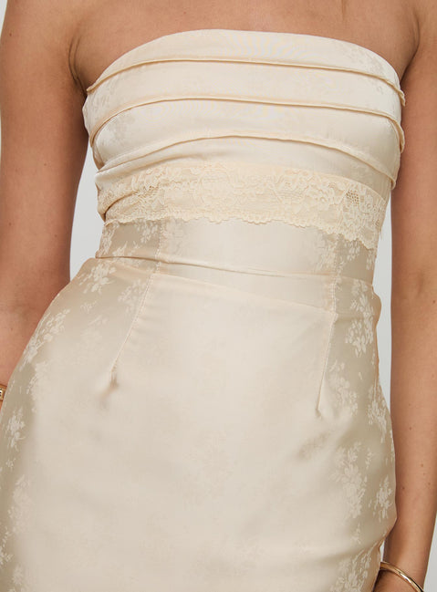 back view of model wearing Princess Polly Busiate Strapless Mini Dress Champagne Straight Neck 