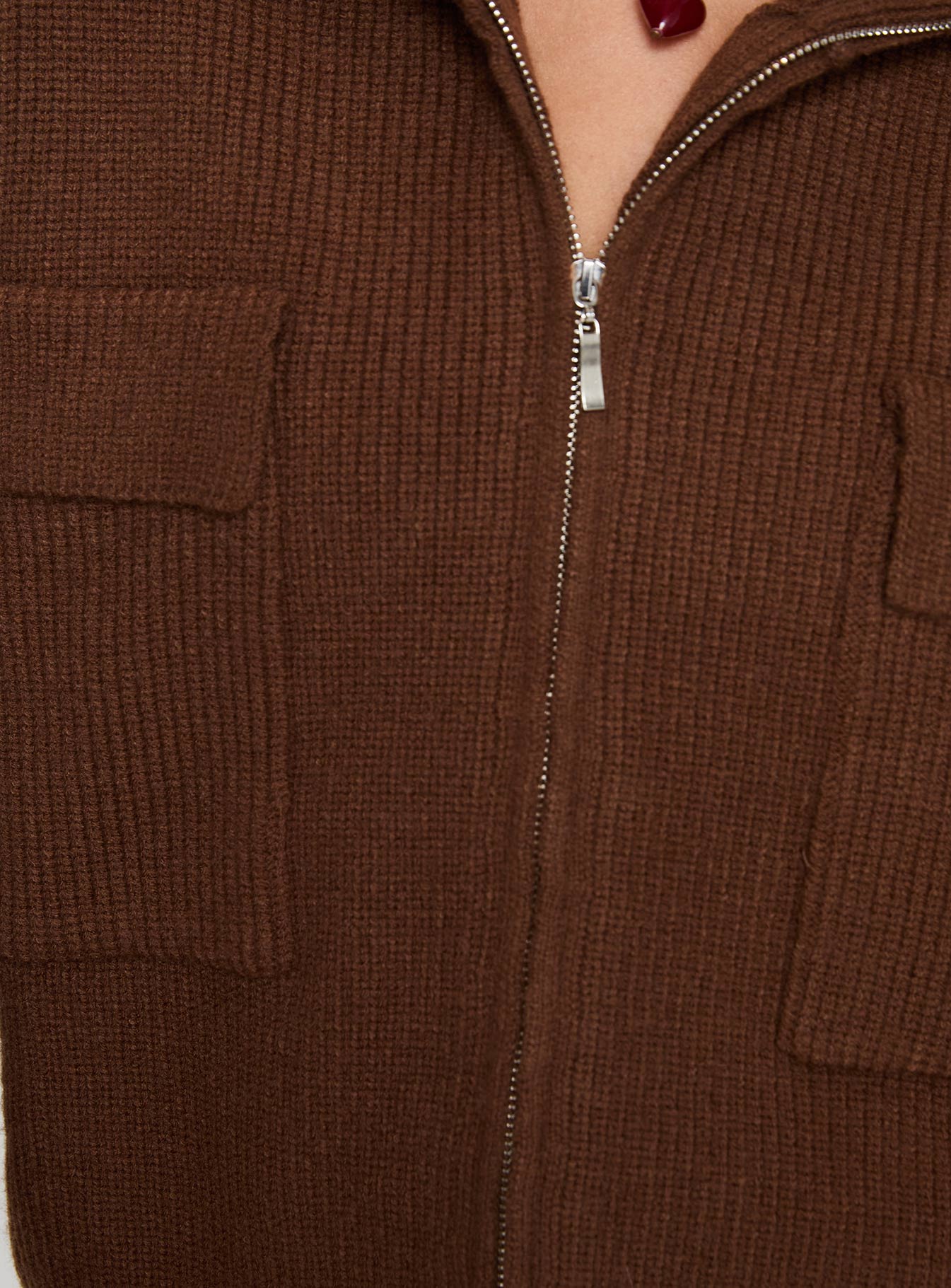 back view of model wearing Princess Polly Too Busy Zip Up Sweater Chocolate Cropped 