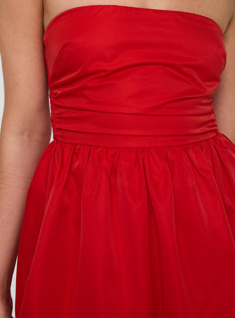 back view of model wearing Princess Polly Crotoy Strapless Bubble Hem Mini Dress Red Straight Neck 