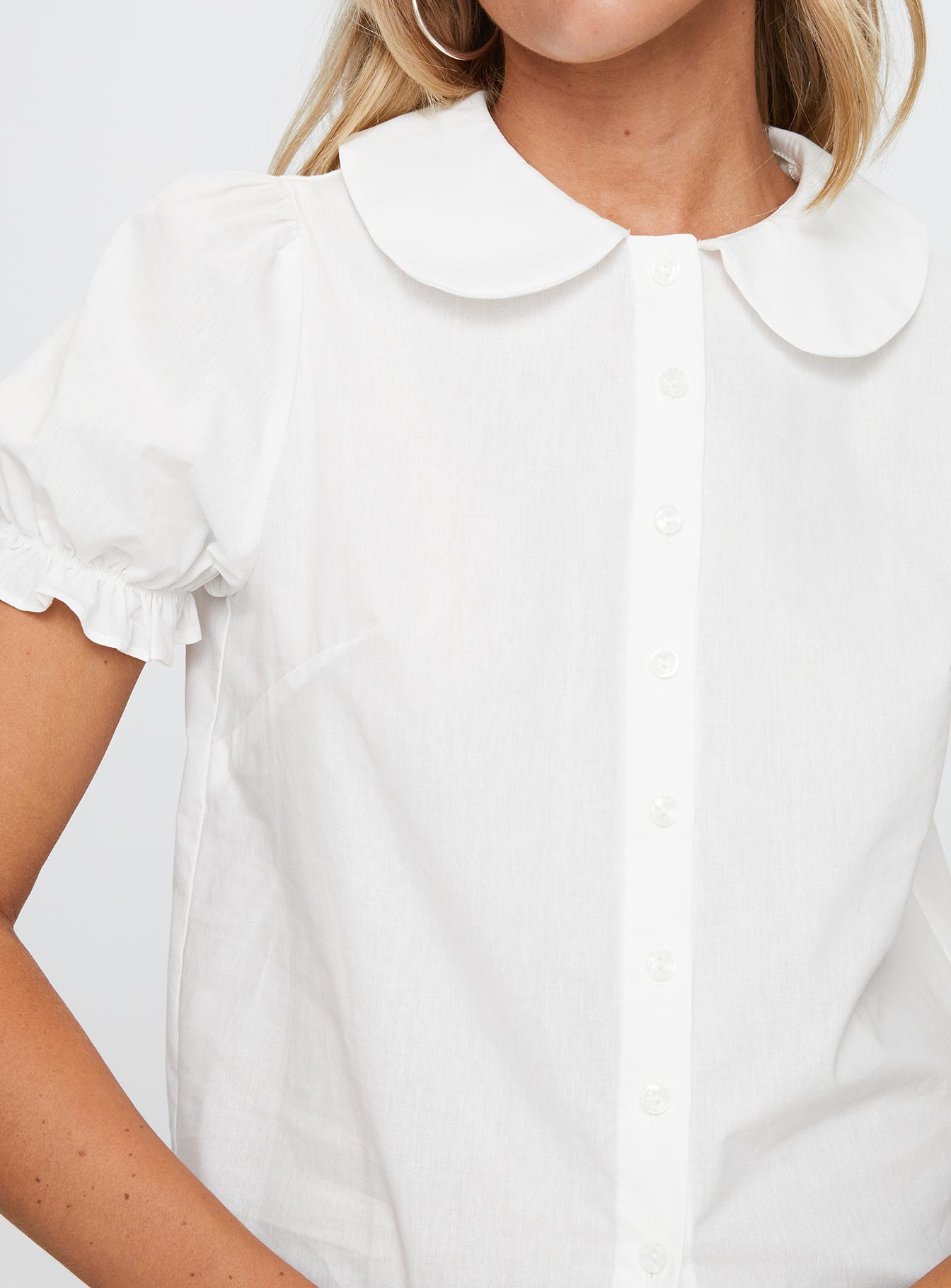 back view of model wearing Princess Polly Neverland Blouse Top White Short Sleeves Crew Neck 
