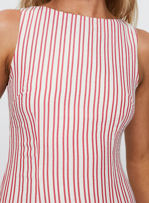 back view of model wearing Princess Polly Alfalfa Shift Mini Dress Red Stripe Boat Neck 