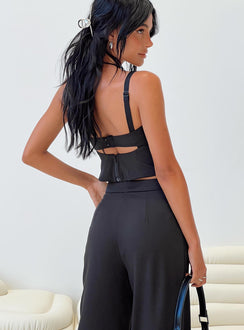 Matching set Crop top Adjustable shoulder straps Sweetheart neckline Zip fastening at back Tailored pants Zip and clasp fastening Twin hip pockets Stuble pleats at waist Straight leg