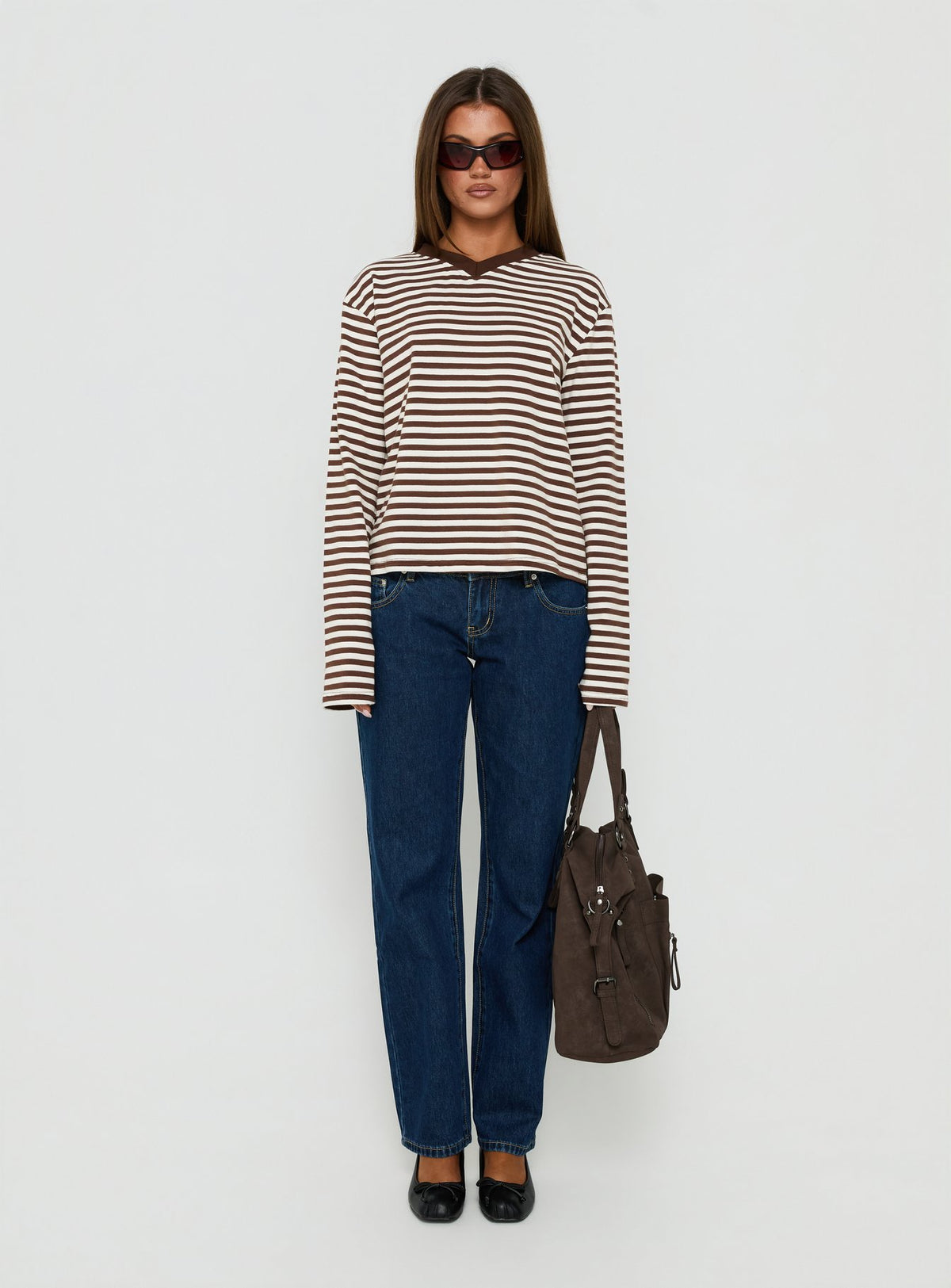 Viollette V Neck Long Sleeve Top Brown Stripe