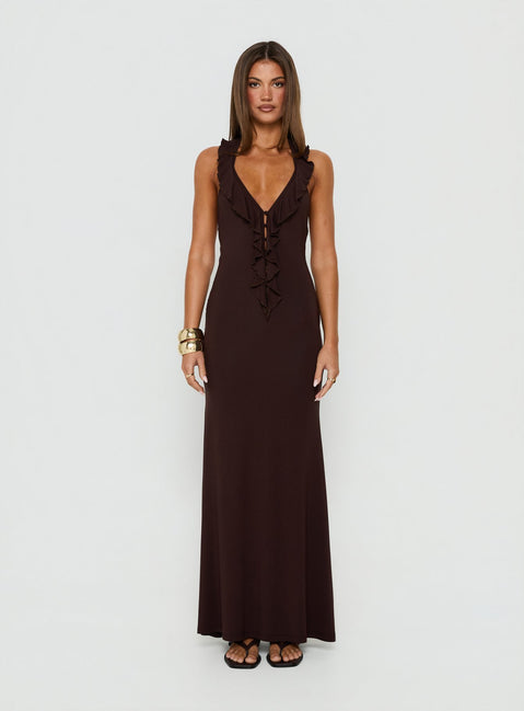 Charlique Halter Frill Maxi Dress Mahogany