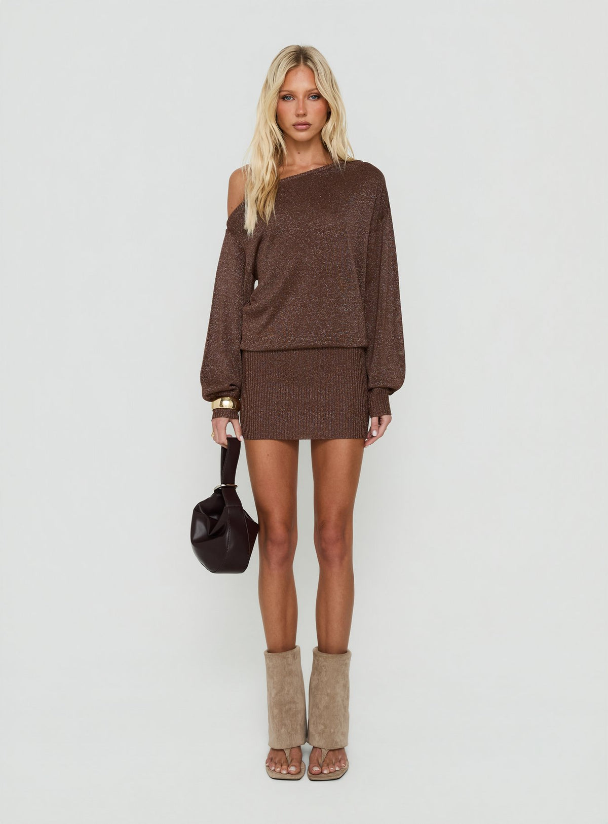 Johannah Off Shoulder Long Sleeve Knit Mini Dress Brown