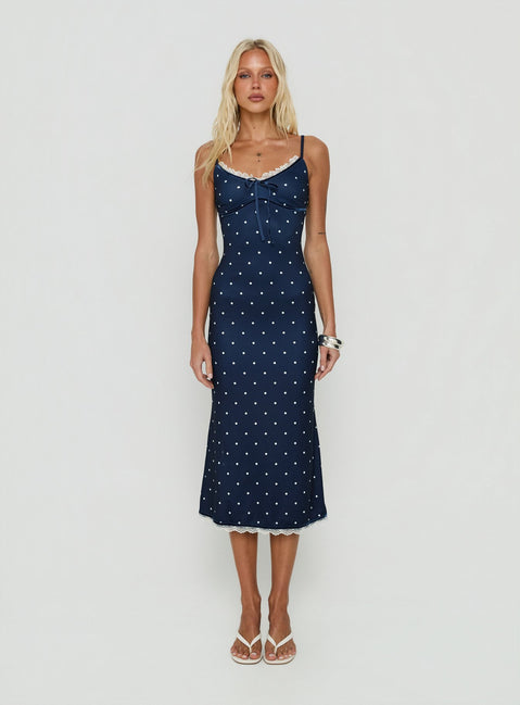 Delaney V Neck Frill Midi Dress Navy / White Polka
