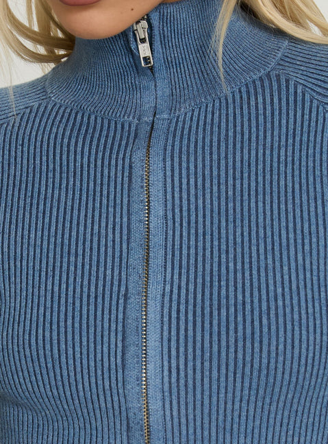 Kovah Zip Through Funnel Neck Knit Sweater Blue