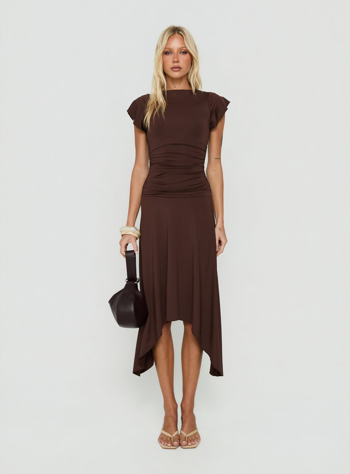 Florra Ruched Short Sleeve Midi Dress Brown