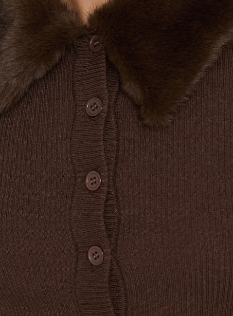 Chiqueeta Faux Fur Trim Knit Cardigan Chocolate