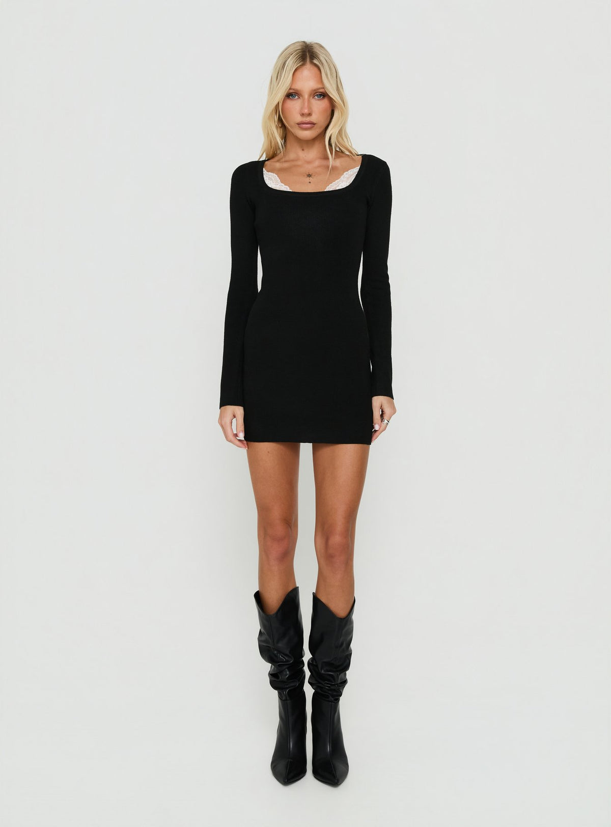 Orlla Square Neck Lace Detail Long Sleeve Mini Dress Black