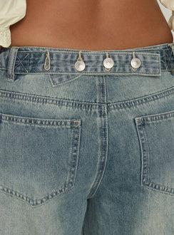 Showcasing Karlos Low Rise Cinched Baggy Jeans Vintage Mid Blue Wash womens-jeans with low-rise detail Princess Polly