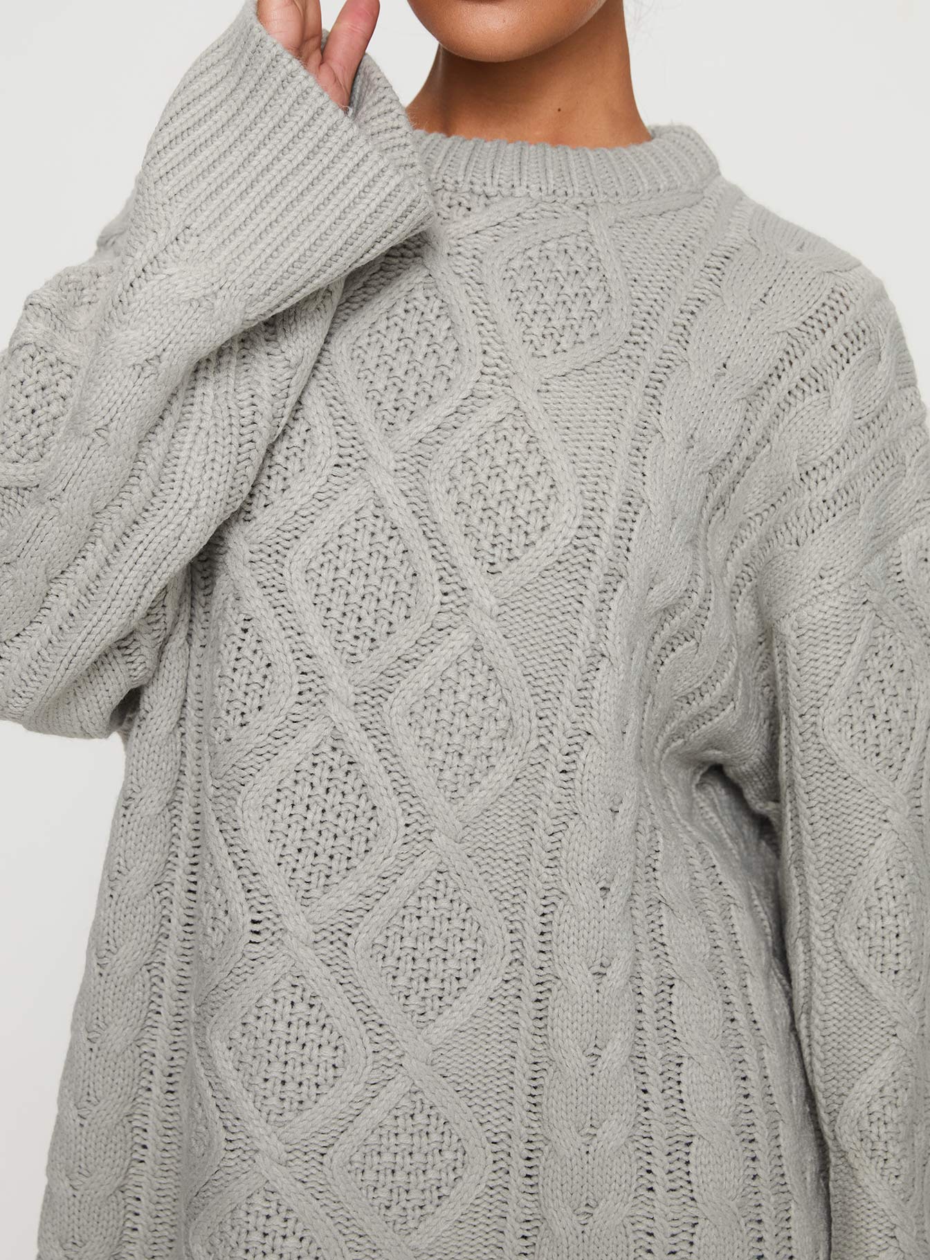 side view of model wearing Princess Polly Gigi Knit Sweater Cloud Long 