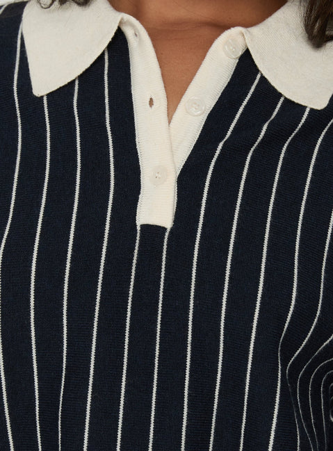 Showing the Boarders V Neck Polo Jumper Navy Stripe womens-jumpers in short length with oversized fit detail Princess Polly