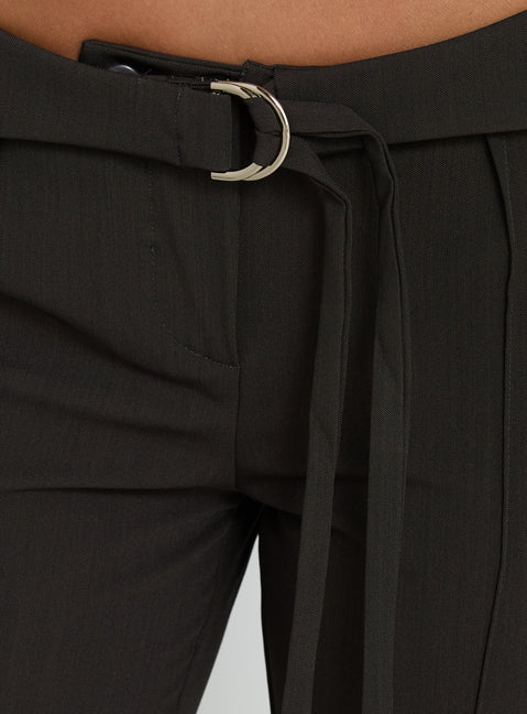 Highlighting the Belvia Layered Mid Rise Pants Slate Grey womens-regular-pants featuring belt detail and D-ring hardware Princess Polly