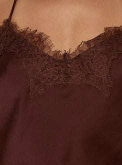 Cosetta Lace Trim Asymmetrical Cami Top Chocolate