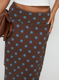 back view of model wearing Princess Polly Daphene Asymmetrical Midi Skirt Brown / Blue Polka Dot Midi Skirts 