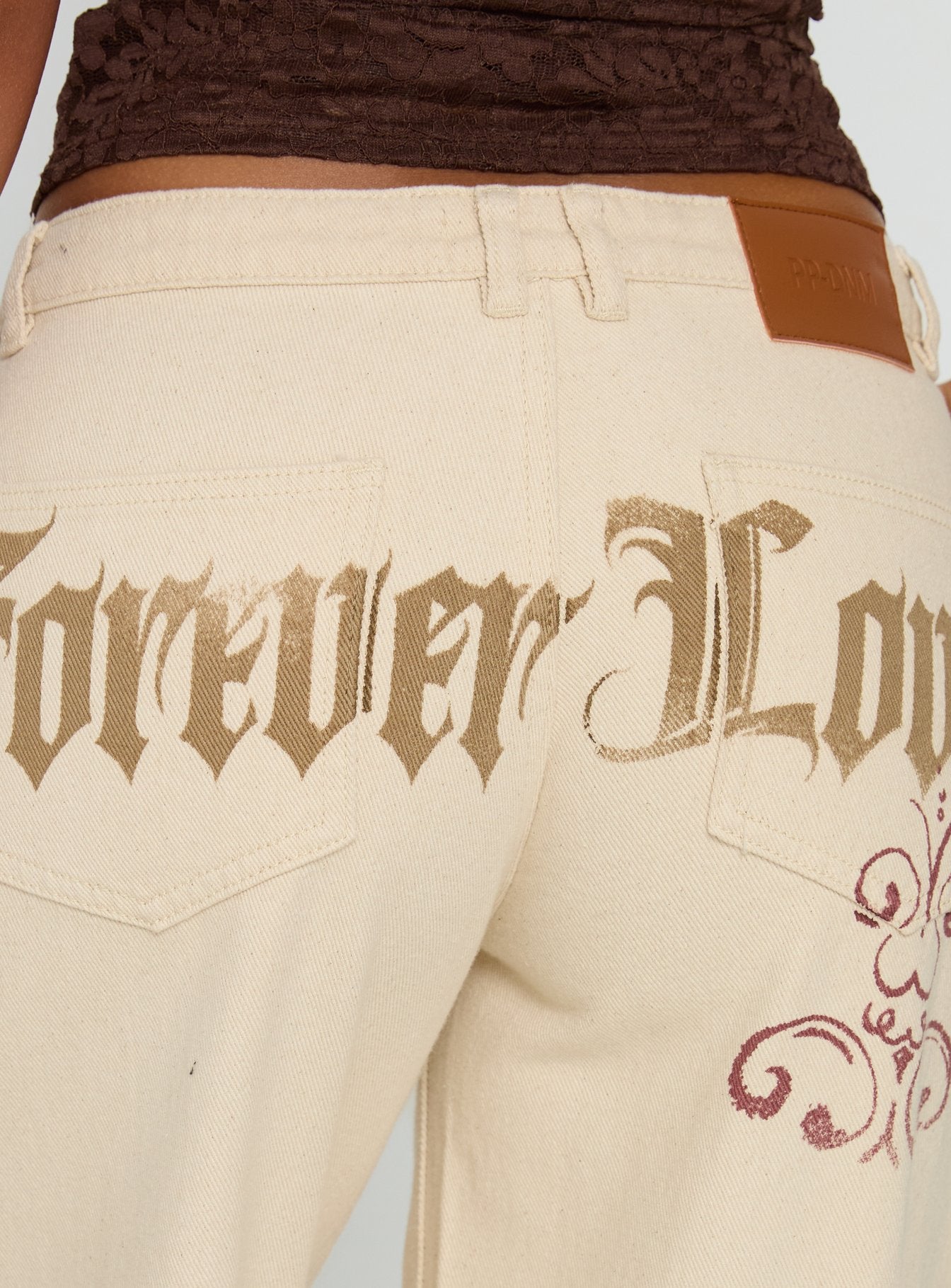 product Princess Polly Than Forever Love Graphic Denim Jeans Cream Low Rise Jeans Jeans 