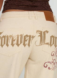 product Princess Polly Than Forever Love Graphic Denim Jeans Cream Low Rise Jeans Jeans 