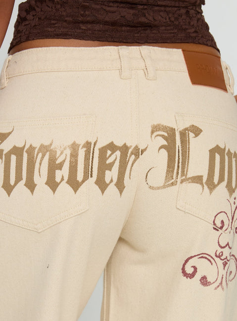 product Princess Polly Than Forever Love Graphic Denim Jeans Cream Low Rise Jeans Jeans 