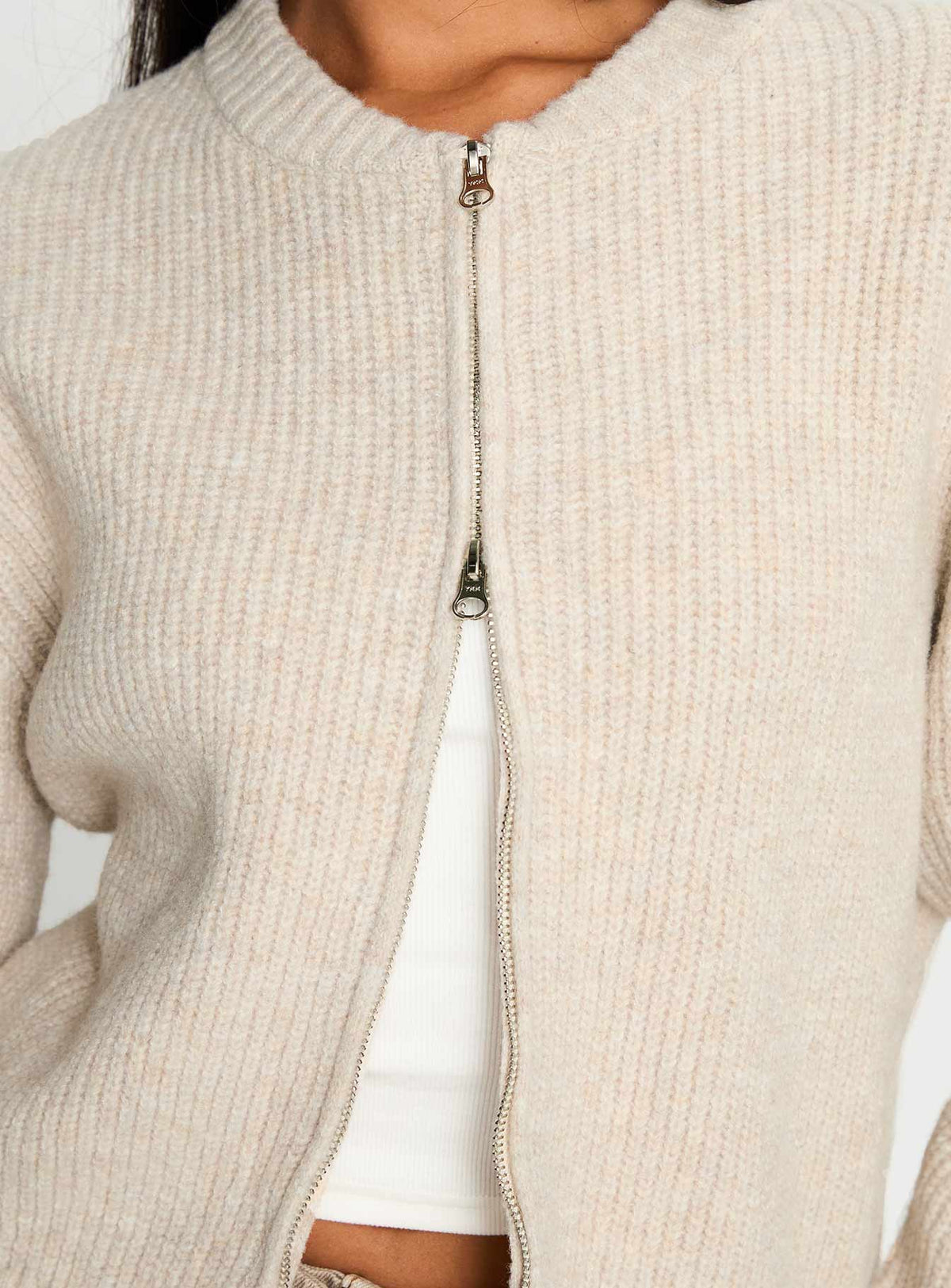 back view of model wearing Princess Polly Lexene Zip Through Jumper Oat Cropped Jumpers 