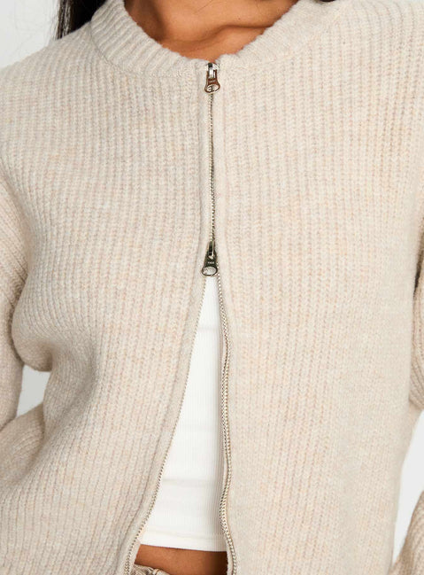 back view of model wearing Princess Polly Lexene Zip Through Jumper Oat Cropped Jumpers 