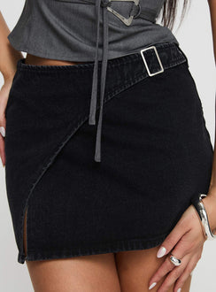 back view of model wearing Princess Polly Wait Up Denim Wrap Mini Skirt Washed Black Mini Skirts 
