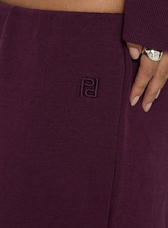 Crafted from fleece Kaeya Wide Leg Low Rise Pants in Plum womens-regular-pants detail view of model wearing Princess Polly