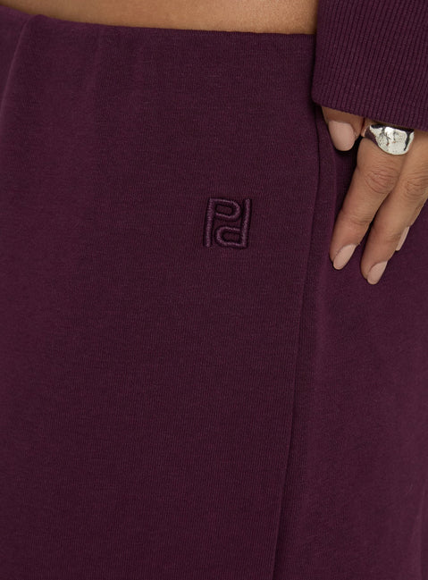 Crafted from fleece Kaeya Wide Leg Low Rise Pants in Plum womens-regular-pants detail view of model wearing Princess Polly