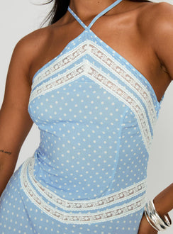 back view of model wearing Princess Polly Wild Joy Halter Maxi Dress Blue Polka Asymmetric Neckline 